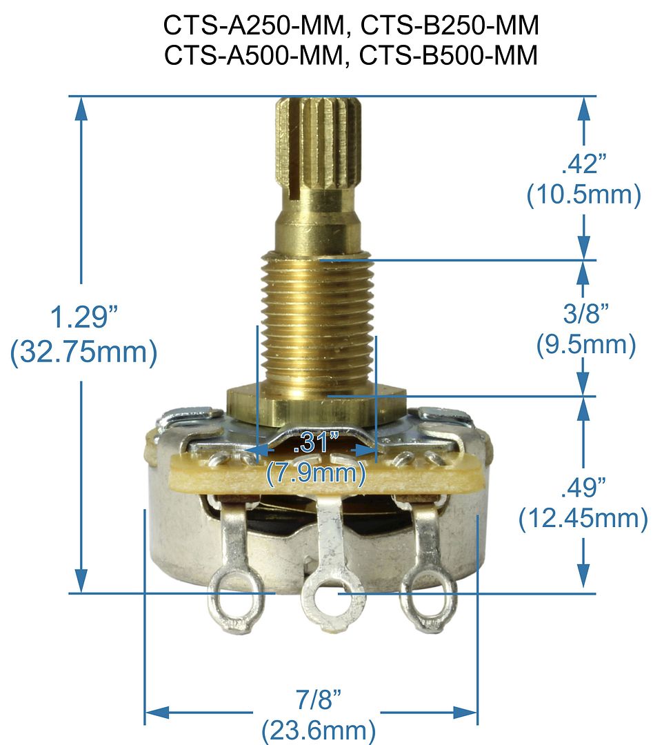 CTS Metric 500K Split Shaft Audio Taper Potentiometer Pot Import coarse