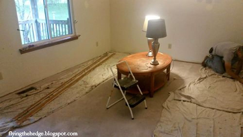 Living Room Before- Ripping up the baseboards