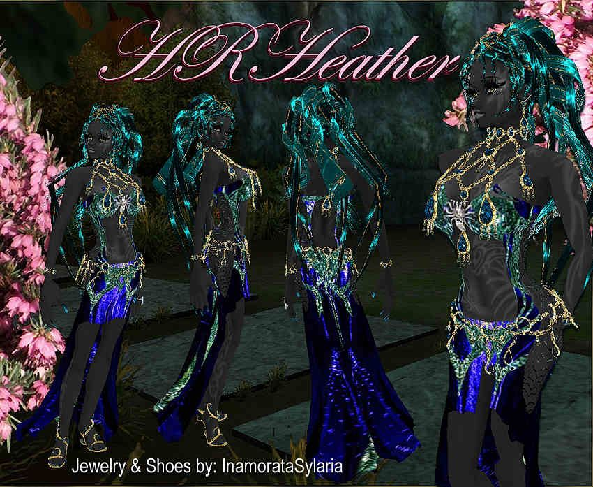 HRHeathers slippery dark blue Drow sorceress dress. A short skirt in front flows out to a full length skirt behind, plenty of sequins and sparkles, with a strapless bra holding the skirts up ever so scantily by cobweb sides, and a solid silver spider climbing between the breasts. This SHOULD remain general audience since all the proper parts are fully covered.