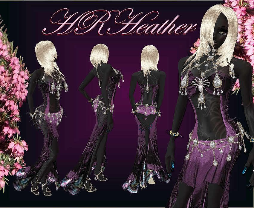 HRHeathers slippery silk, dark purple, Drow / Pixie / Elf / Fairy dress. A short skirt in front flows out to a full length skirt behind, with a strapless bra holding the skirts up ever so scantily. This SHOULD remain general audience since all the proper parts are fully covered, but one never knows, it may change.