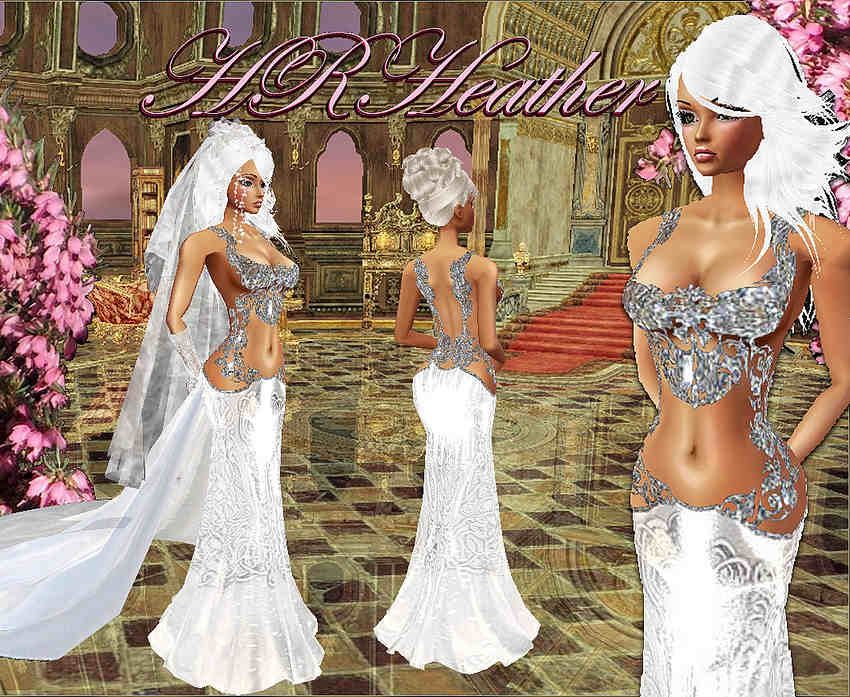 HRHeathers luxurious, heavy, slippery, slinky metallic white Elfin bridal dress with sequin, beadwork, and rhinestone top. This very extravagant Celtic wedding dress will captivate his eyes to the point the room will melt away from his gaze - He will look only at you.