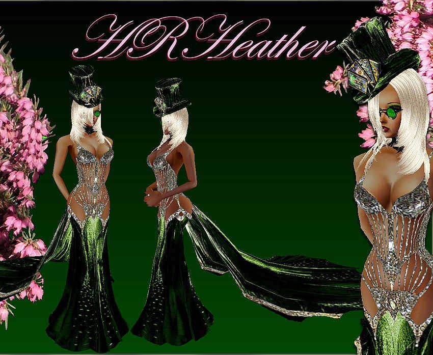HRHeathers extravagant metallic dark green evening dress that shows a whole LOT of everything possible, while still being descent  well, as descent as possible. This SHOULD remain General Audience, and NOT go to AP, but one never really knows for sure (all the red areas are presently fully covered). The Irish, Celtic, Elves, forest creatures, Goddesses, and any Royalty will want to pad their closet with this gown, and wear often. It is a stunning piece of haute couture.