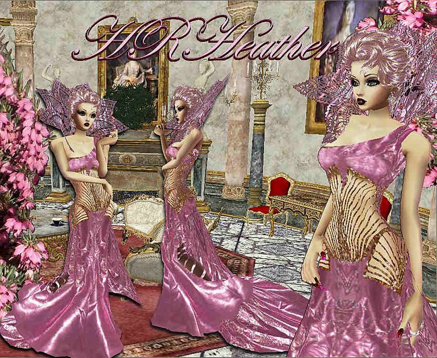 HRHeather’s pink satin goddess glitter dress. Collar and Train sold separately. A highly reflective metallic pink dress, having ribbon cuts in the back of the skirt (shown best with the addition of it’s matching train), hand sewn beads throughout the skirt (& train), and with gold sequin strings and borders revealing plenty of General Audience skin (this is NOT an AP dress, has no opacity issues, and will not drop in the lights). Your sugar Princess will absolutely die for this dress, but buy the train as well (to become a beautiful formal gown) so the ribbon skirt is something that is only hinted at.