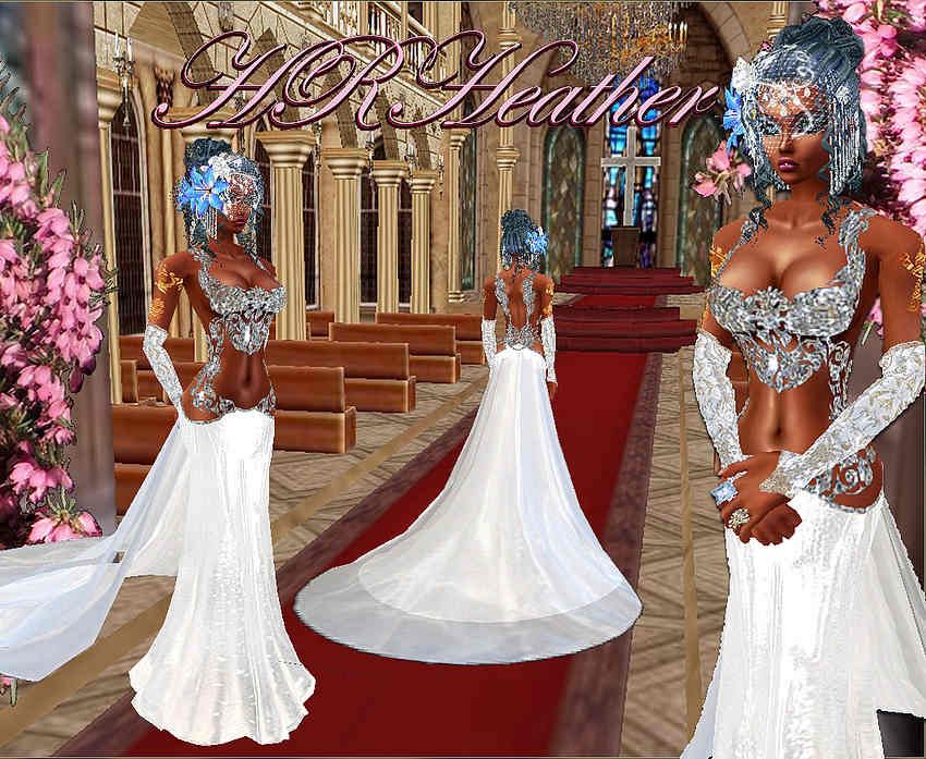 HRHeathers luxurious, heavy, slippery, slinky metallic white bridal dress with sequin, beadwork, and rhinestone top. This very extravagant wedding dress will captivate his eyes to the point the room will melt away from his gaze, he will look only at you.