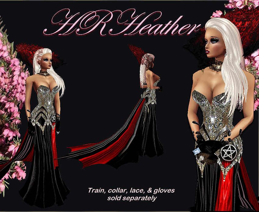HRHeathers luxurious feeling Royal red and black satin formal gown with dazzling, flashy sequin top, and red sash held by a pentacle brooch. For Royal vampire and demonic formal occasions. Gothic beings will love this formal dress, as well as all creatures of the night.