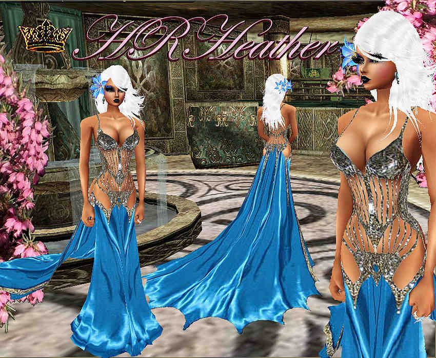 HRHeathers luxurious blue satin TRAIN for my matching incredible sequined Goddess dress. Youll not only turn heads wearing this general audience gown, but you might accidentally BREAK some necks. The snow Goddess, and Ice Queen out there in imvu will certainly want this piece of vintage haute couture in their closet. Part of my Royal collection  Empresses, Queens, and all Royalty will want to collect them all. This is an awesome blue satin gown with sequin grill pattern top that shows as much as is responsibly possible.